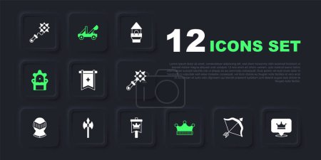 Illustration for Set Medieval bow and arrow, King crown, flag, throne, axe, catapult and  icon. Vector - Royalty Free Image