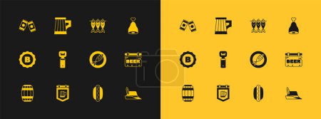 Illustration for Set Chicken leg, Street signboard with beer, Dried fish, Hotdog sandwich, Bottle opener, Beer can and Wooden mug icon. Vector - Royalty Free Image