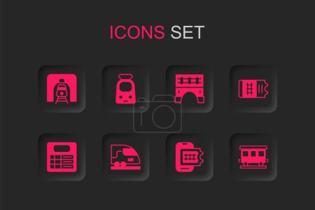 Illustration for Set High-speed train, Train and railway, tunnel, Online ticket booking, Passenger cars, Bridge for and station board icon. Vector - Royalty Free Image