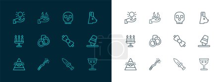 Illustration for Set line Rabbit with ears, Magic wand, Bow tie, Dagger, Handcuffs, Skull, Ball levitating above hand and holding fire icon. Vector - Royalty Free Image