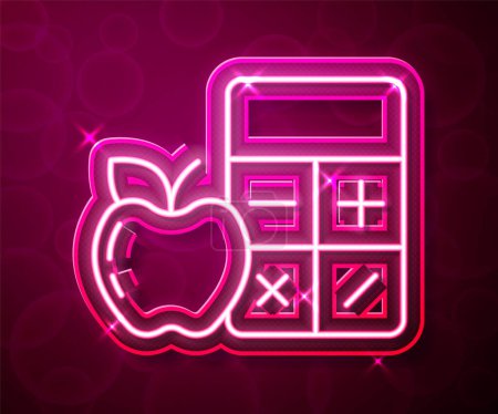 Illustration for Glowing neon line Calorie calculator icon isolated on isolated on red background. Calorie count. Diet. Weight loss. Portion control. Healthy eating. Dietary nutrition.  Vector - Royalty Free Image