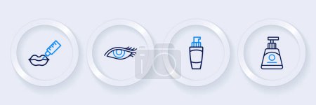 Illustration for Set line Cream or lotion cosmetic tube, Tube of hand cream, Woman eye and Lip augmentation icon. Vector - Royalty Free Image