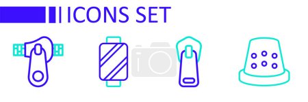 Illustration for Set line Thimble for sewing, Zipper, Sewing thread on spool and  icon. Vector - Royalty Free Image