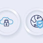 Set line Shield with check mark, world globe, Cloud computing lock and security icon. Vector