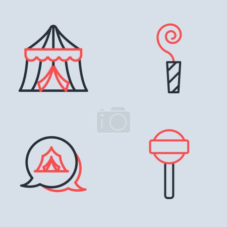 Ilustración de Establecer línea cuerno de fiesta de cumpleaños, tienda de circo, piruleta e icono. Vector - Imagen libre de derechos