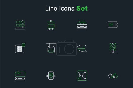 Illustration for Set line Flag, Railway map, Route location, Oil railway cistern, Railroad crossing, Train driver hat, Cable car and Online ticket booking icon. Vector - Royalty Free Image
