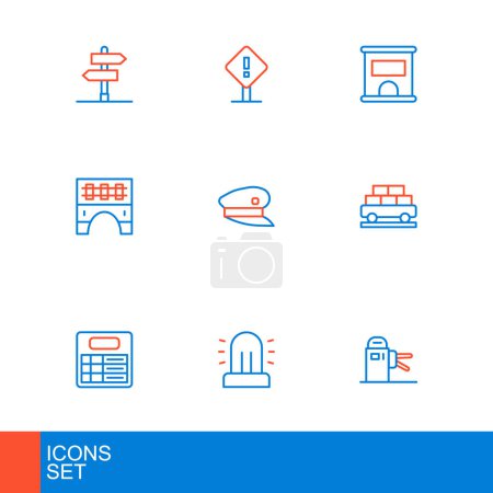 Illustration for Set line Turnstile, Flasher siren, Train station board, Cargo train wagon, Bridge for, driver hat, Ticket office to buy tickets and Exclamation mark square icon. Vector - Royalty Free Image