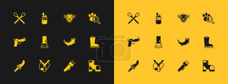 Illustration for Set Paw search, Slingshot, Hunting horn, Flashlight, Cartridges, Deer antlers on shield, Burning match with fire and Lighter icon. Vector - Royalty Free Image