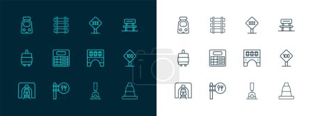 Illustration for Set line Waiting hall, Cafe and restaurant location, Bridge for train, Arrow switching the railway, Train station board, Railroad crossing,  and Railway, railroad track icon. Vector - Royalty Free Image