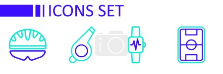 Ilustración de Set line Campo de fútbol, Reloj inteligente con corazón, Silbato y bicicleta icono del casco. Vector - Imagen libre de derechos