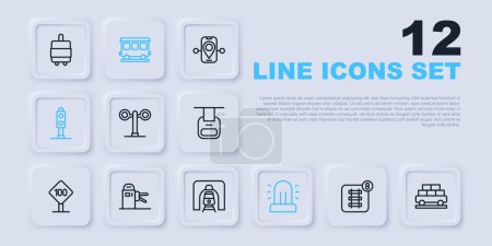 Illustration for Set line Online ticket booking, Cargo train wagon, Train traffic light, Flasher siren, Turnstile, Passenger cars and railway tunnel icon. Vector - Royalty Free Image