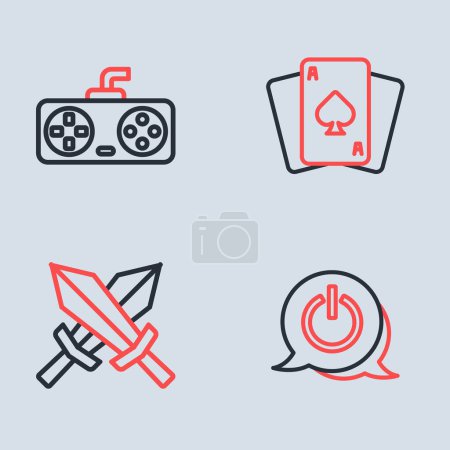 Ilustración de Establecer línea Jugar a las cartas, Espada para el juego, Botón de encendido y el icono de joystick controlador de juego. Vector - Imagen libre de derechos