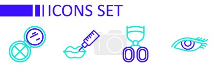 Illustration for Set line Woman eye, Eyelash curler, Lip augmentation and Makeup powder with mirror icon. Vector - Royalty Free Image