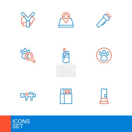 Illustration for Set line Cartridges, Open matchbox and matches, Sniper optical sight, Paw search, Lighter, Flashlight and Hunt place icon. Vector - Royalty Free Image