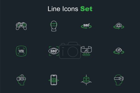 Illustration for Set line Virtual reality glasses, 3d modeling, 360 degree view,  and  icon. Vector - Royalty Free Image