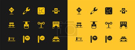Illustration for Set Route location, Cafe and restaurant, Train traffic light, Toilet, Cable car, Railway map, Speed limit sign 100 km and Wrench spanner icon. Vector - Royalty Free Image