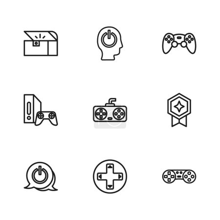 Illustration for Set line Game controller or joystick, rating with medal, Chest for game, Power button and console icon. Vector - Royalty Free Image
