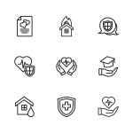 Set line Life insurance with shield, Education grant, hand, Shield, Marriage contract, Fire burning house and  icon. Vector