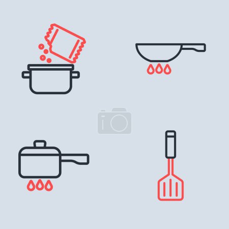 Téléchargez les photos : Mettre la ligne poêle à frire sur le feu, casserole, Spatule et et icône d'épice. Vecteur - en image libre de droit