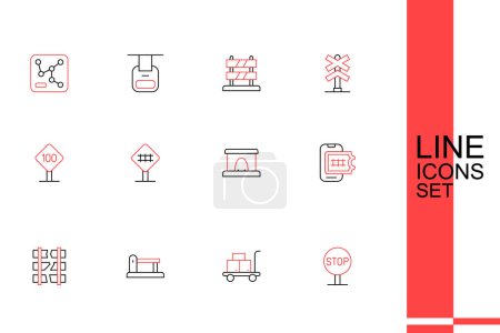 Illustration for Set line Stop sign, Trolley suitcase, Railway, railroad track, Broken or cracked railway, Online ticket booking, tunnel, Railroad crossing and Speed limit traffic 100 km icon. Vector - Royalty Free Image