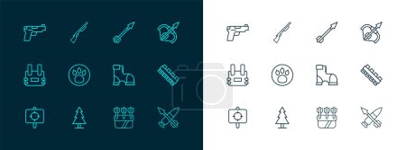 Illustration for Set line Medieval bow and arrow, Tree, Hunter boots, Quiver with arrows, Paw search, Pistol or gun and Hunting icon. Vector - Royalty Free Image