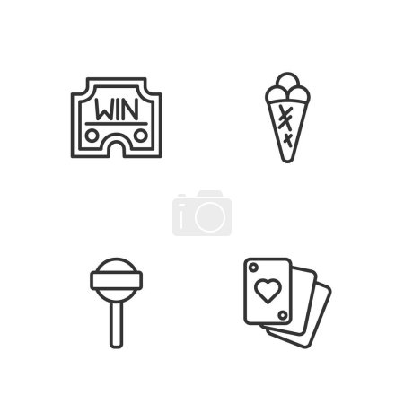 Ilustración de Establecer la línea de juego de cartas, piruleta, Casino ganar y helado waffle icono. Vector - Imagen libre de derechos