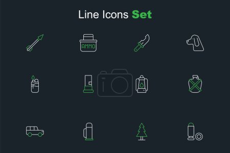 Illustration for Set line Bullet, Tree, Thermos container, Safari car, Canteen water bottle, Camping lantern, Cartridges and Lighter icon. Vector - Royalty Free Image