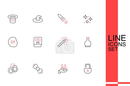 Illustration for Set line Open padlock, Hand holding fire, Bow tie, Handcuffs, Bottle with potion, Magic wand, Ancient magic book and runes icon. Vector - Royalty Free Image