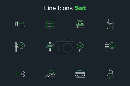 Illustration for Set line Train station bell, Coal train wagon, High-speed, ticket, Cafe and restaurant location, Speed limit traffic sign 100 km, Road and Toilet icon. Vector - Royalty Free Image