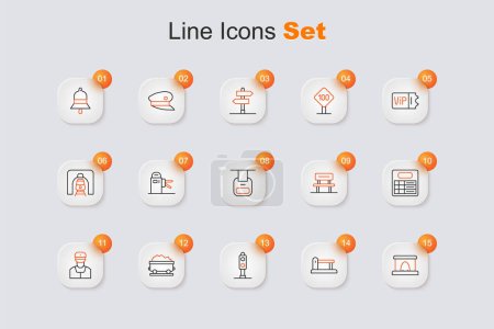 Illustration for Set line Railway tunnel, Railway, railroad track, Train traffic light, Coal train wagon, conductor, station board, Waiting hall and Cable car icon. Vector - Royalty Free Image