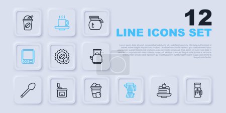 Illustration for Set line Piece of cake, Electric coffee grinder, Medal for, Coffee maker moca pot, Electronic scales, Manual, cup and Iced icon. Vector - Royalty Free Image