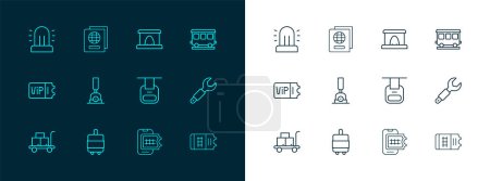 Illustration for Set line Passenger train cars, Suitcase, Cable, Online ticket booking, Arrow for switching the railway, Railway tunnel, Flasher siren and Passport icon. Vector - Royalty Free Image