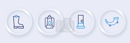 Illustration for Set line Hunting horn, Cartridges, Camping lantern and Waterproof rubber boot icon. Vector - Royalty Free Image