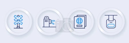 Illustration for Set line Cable car, Passport, Turnstile and Railroad crossing icon. Vector - Royalty Free Image