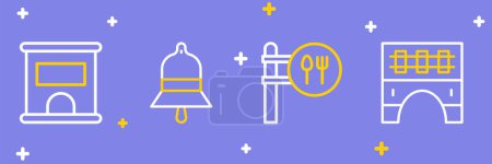 Illustration for Set line Bridge for train, Cafe and restaurant location, Train station bell and Ticket office to buy tickets icon. Vector - Royalty Free Image