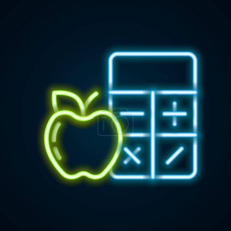 Illustration for Glowing neon line Calorie calculator icon isolated on isolated on black background. Calorie count. Diet. Weight loss. Portion control. Healthy eating. Dietary nutrition. Colorful outline concept. Vector - Royalty Free Image