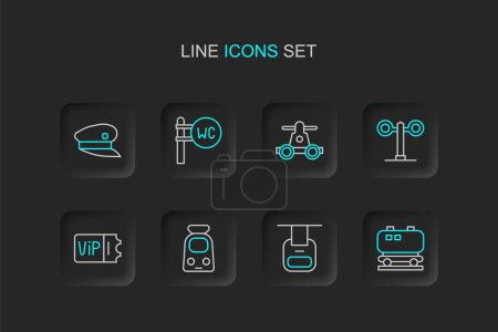 Illustration for Set line Oil railway cistern, Cable car, Train and, ticket, traffic light, Handcar transportation, Toilet and driver hat icon. Vector - Royalty Free Image
