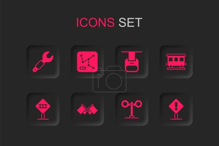 Illustration for Set Flag, Railway map, Wrench spanner, Train traffic light, Passenger train cars, Exclamation mark square, Cable and Railroad crossing icon. Vector - Royalty Free Image