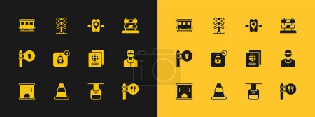 Illustration for Set End of railway tracks, Traffic cone, Passport, Cable car, Online ticket booking, Route location, Passenger train cars and Railroad crossing icon. Vector - Royalty Free Image