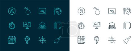 Illustration for Set line Paint brush with palette, Unknown search, School backpack, Trigonometric circle, Online class, Chalkboard, Exam sheet A plus grade and Pear icon. Vector - Royalty Free Image