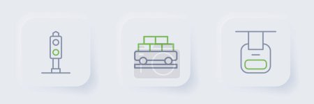 Illustration for Set line Cable car, Cargo train wagon and Train traffic light icon. Vector - Royalty Free Image