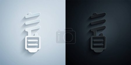 Illustration for Paper cut LED light bulb icon isolated on grey and black background. Economical LED illuminated lightbulb. Save energy lamp. Paper art style. Vector - Royalty Free Image