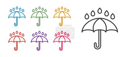 Ilustración de Set line Umbrella and rain drops icon isolated on white background. Waterproof icon. Protection, safety, security concept. Water resistant symbol. Set icons colorful. Vector - Imagen libre de derechos