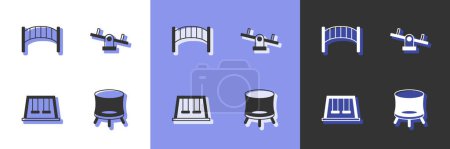 Set Jumping trampoline, Playground kids bridge, Swings for and Seesaw icon. Vector