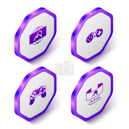 Illustration for Set Isometric Wide angle picture, Gamepad,  and 360 degree view icon. Purple hexagon button. Vector - Royalty Free Image