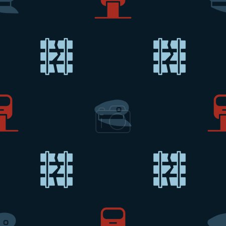Illustration for Set Cable car, Train driver hat and Broken or cracked railway on seamless pattern. Vector - Royalty Free Image