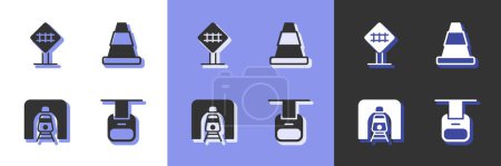 Illustration for Set Cable car, Railroad crossing, Train railway tunnel and Traffic cone icon. Vector - Royalty Free Image