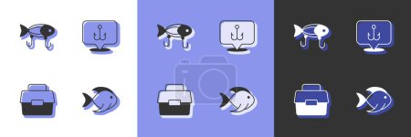 Ilustración de Conjunto de peces, señuelo de pesca, estuche o caja para la pesca y el icono de gancho. Vector - Imagen libre de derechos