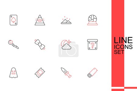 Illustration for Set line Hand saw, Dagger, Circus ticket, Ghost, Mystery box, Moon stars, Bow tie and Magic staff icon. Vector - Royalty Free Image