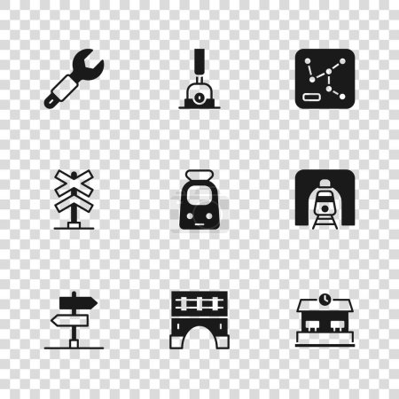 Illustration for Set Bridge for train, Train railway tunnel, Railway station, and, map, Wrench spanner, Arrow switching the and Railroad crossing icon. Vector - Royalty Free Image